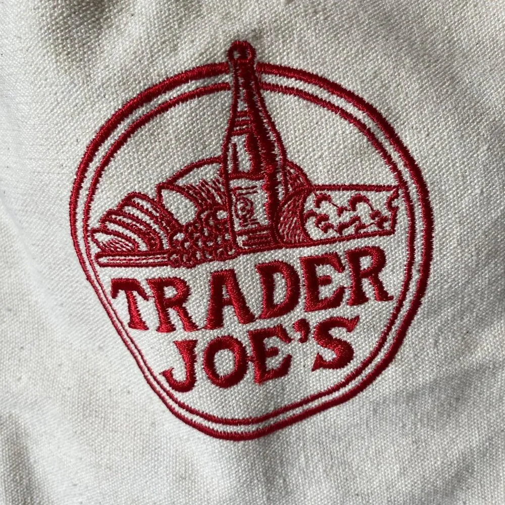 Trader‎ Joe's large embroidered canvas shopping bag blue white stained pockets